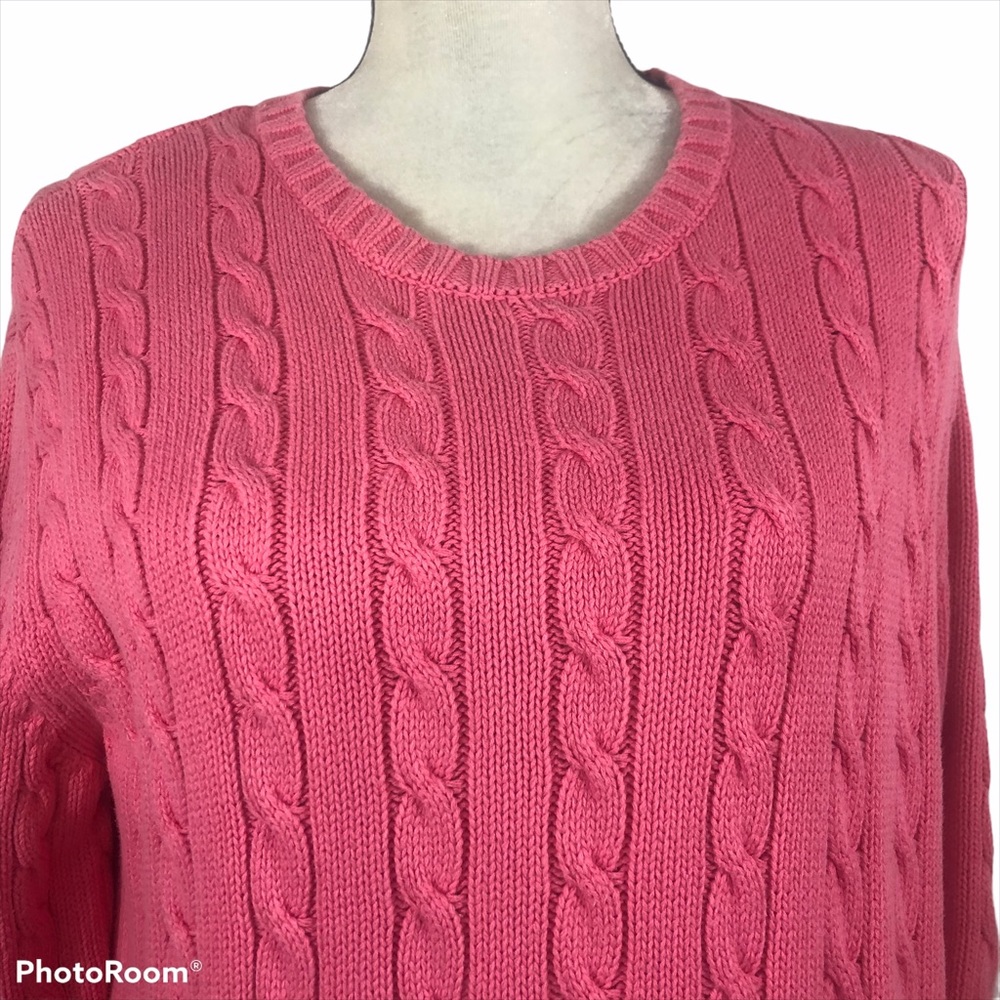 Lands End Cable Knit Crew Neck Pink Sweater M